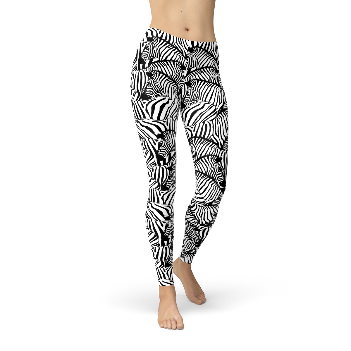A pair of women's full-length leggings featuring a bold zebra stripes design, made from a high-performance fabric blend for comfort and style.