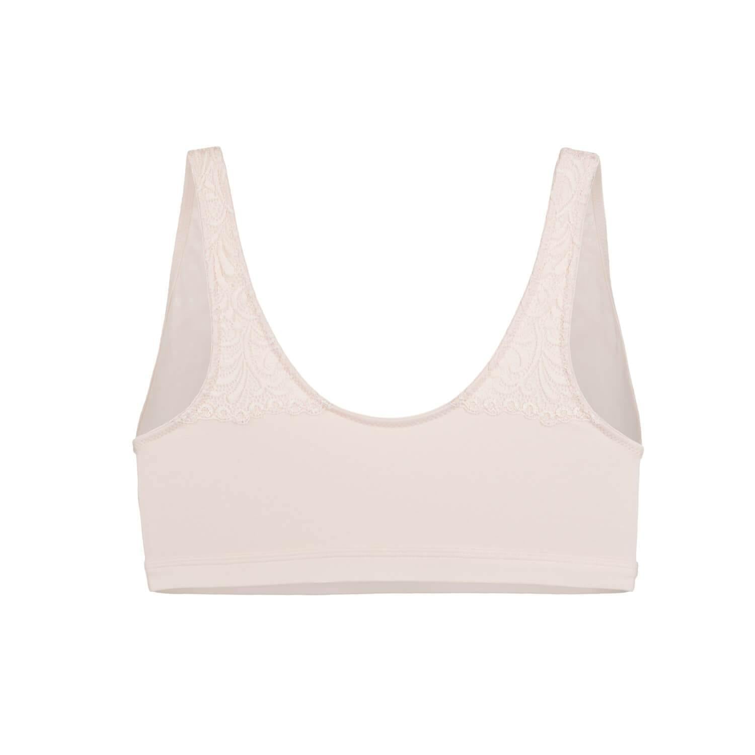 Back Support Full Coverage Wireless Organic Cotton Bra in champagne color, featuring silk and lace detailing for elegance and comfort.