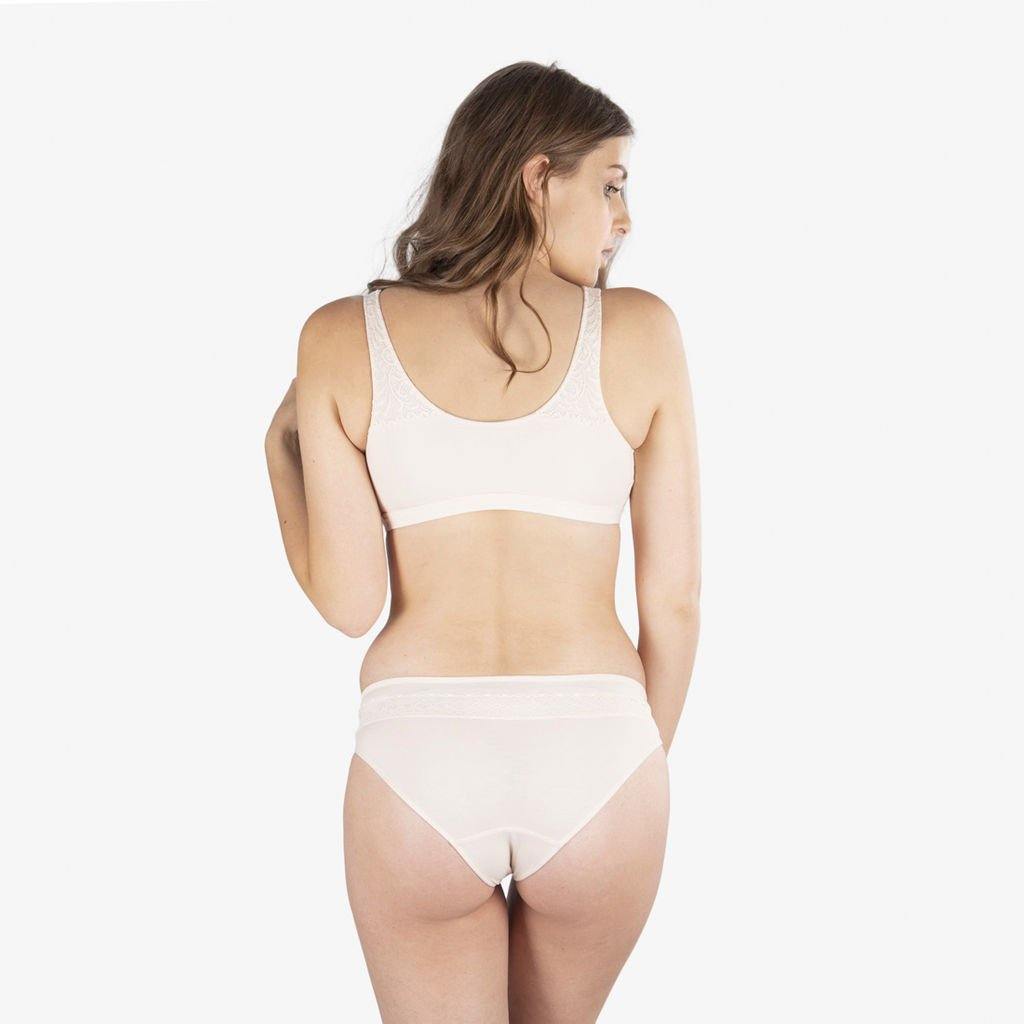 Back Support Full Coverage Wireless Organic Cotton Bra in champagne color, featuring silk and lace detailing for elegance and comfort.