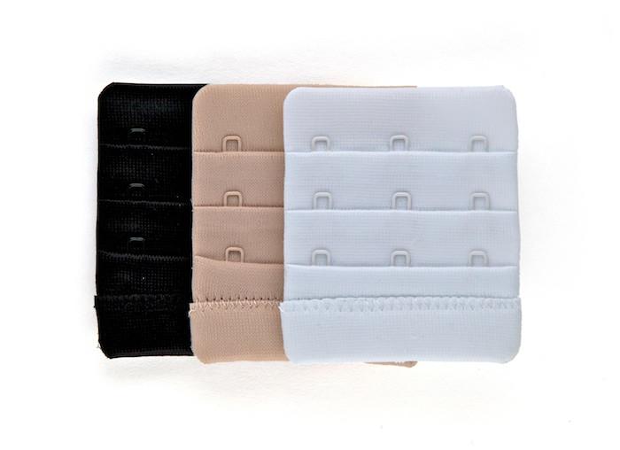 Brah! Extender set featuring three bra extenders in black, white, and beige, made from soft microfiber with nylon-coated hooks.