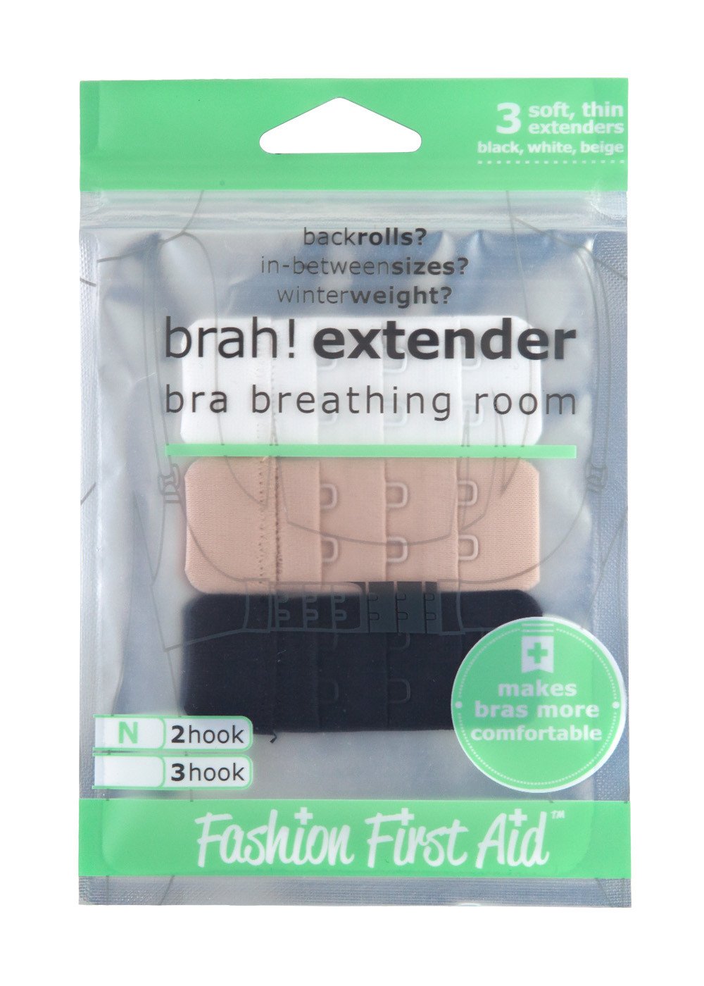 Brah! Extender set featuring three bra extenders in black, white, and beige, made from soft microfiber with nylon-coated hooks.