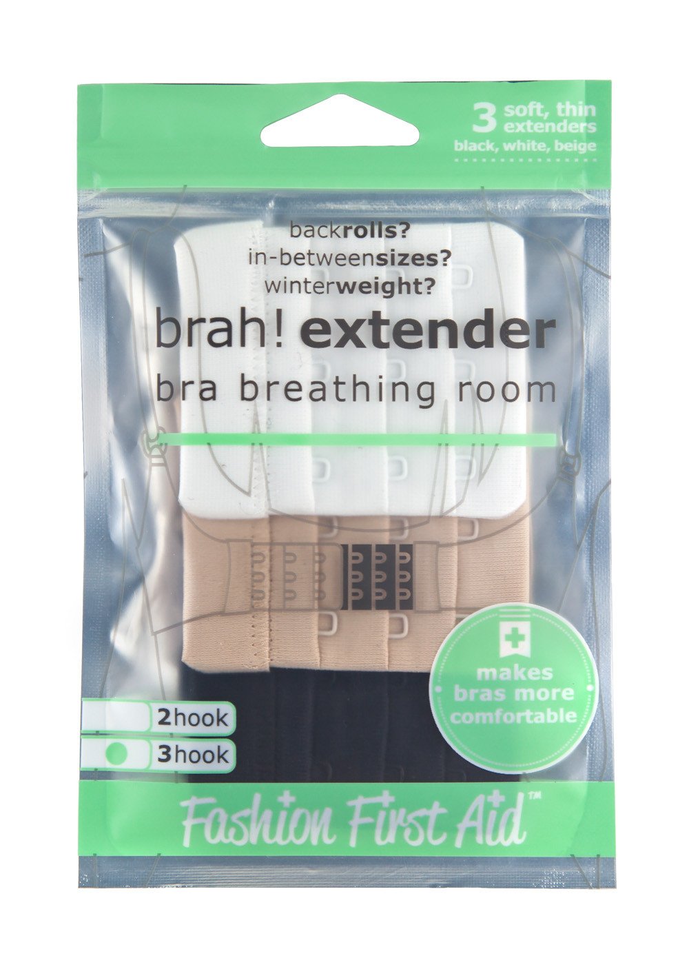 Brah! Extender set featuring three bra extenders in black, white, and beige, made from soft microfiber with nylon-coated hooks.
