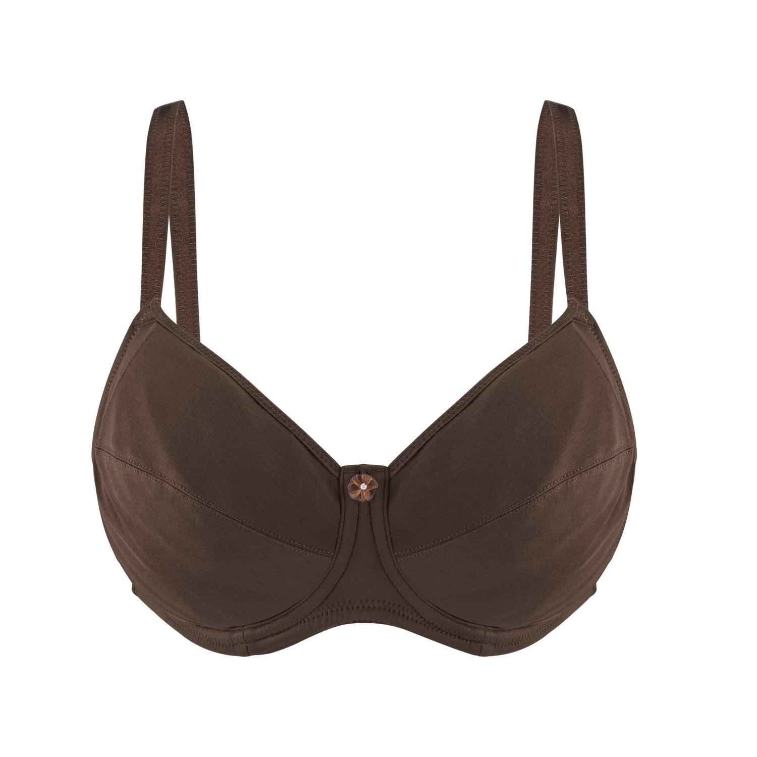 Cocoa Underwired Silk & Organic Cotton Full Cup Bra showcasing its luxurious silk cups and removable padding.