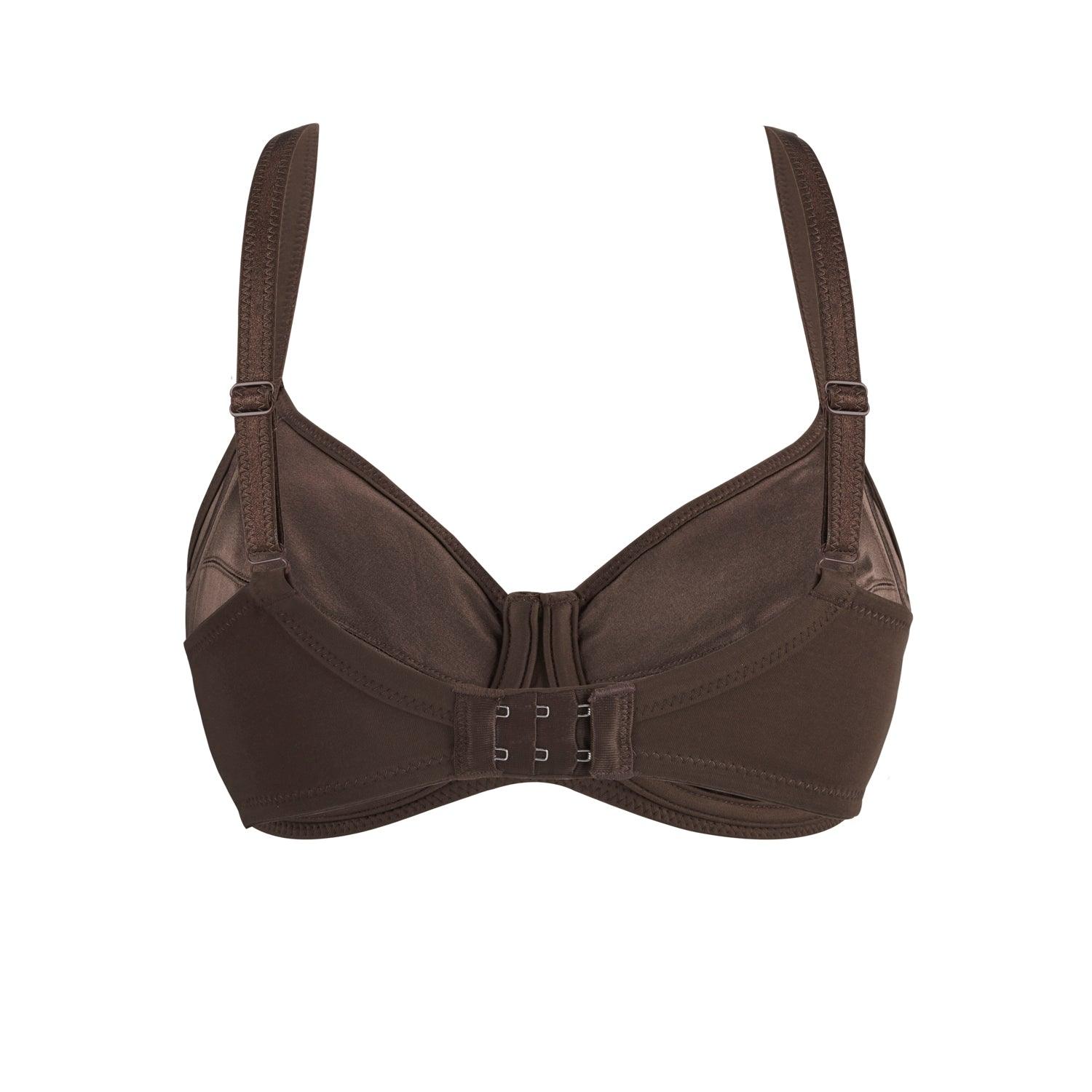 Cocoa Underwired Silk & Organic Cotton Full Cup Bra showcasing its luxurious silk cups and removable padding.