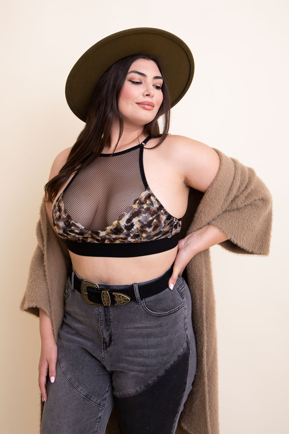 Curvy Adanna Leopard Bralette featuring a stylish leopard print design, perfect for plus size women seeking comfort and support.