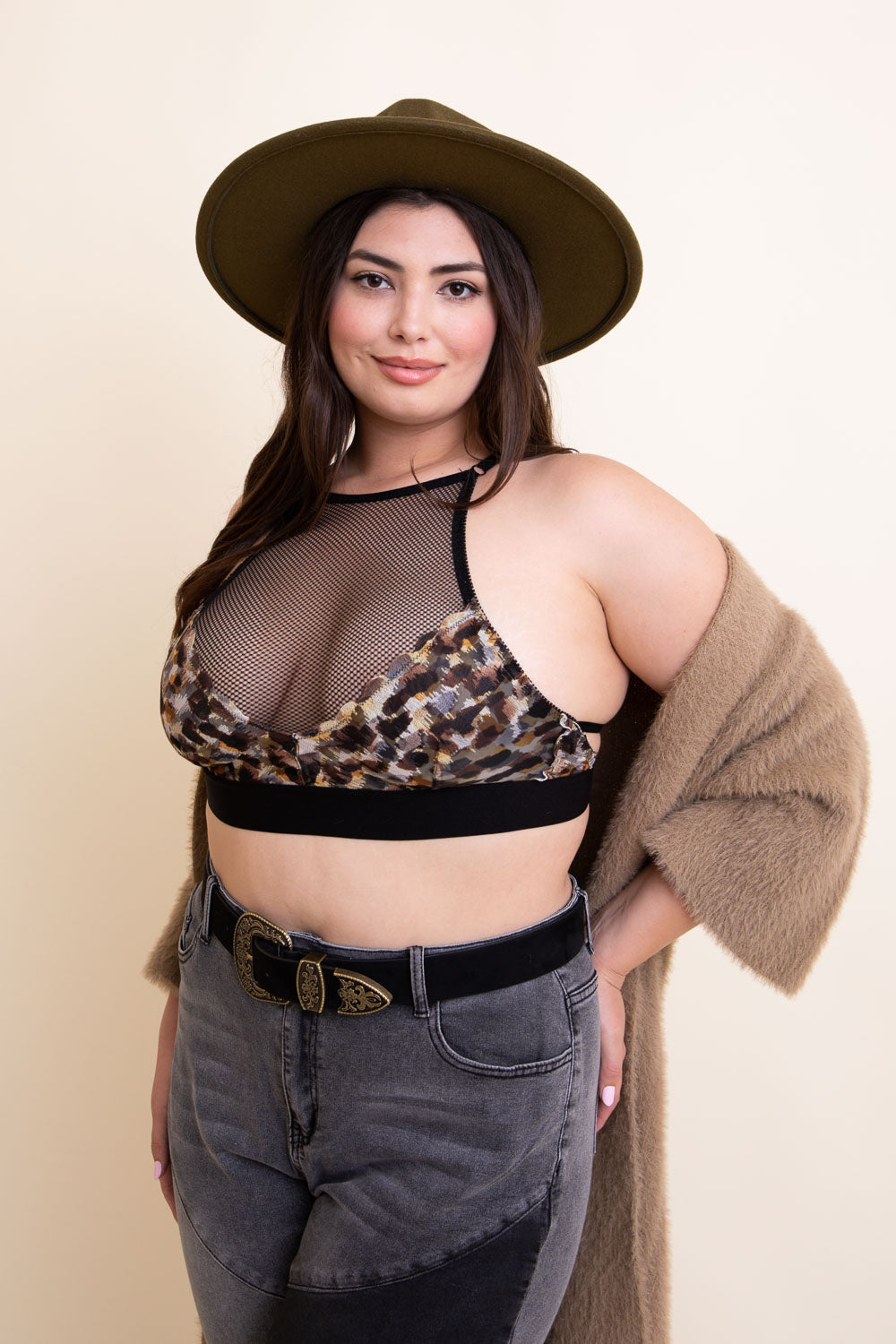 Curvy Adanna Leopard Bralette featuring a stylish leopard print design, perfect for plus size women seeking comfort and support.