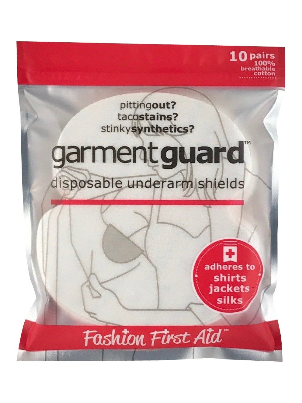 Garment Guard disposable adhesive underarm shields in white and beige, showcasing their soft cotton material and adhesive backing.
