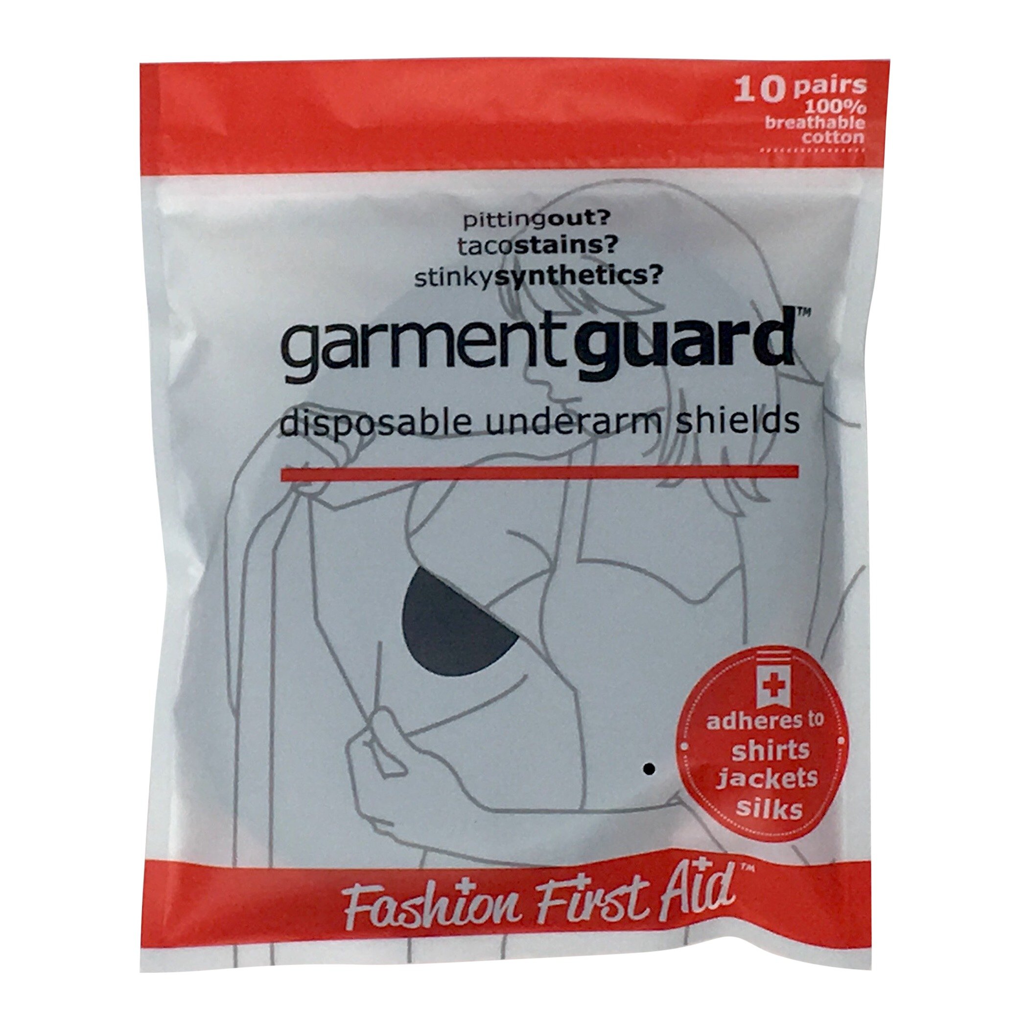 Garment Guard disposable adhesive underarm shields in white and beige, showcasing their soft cotton material and adhesive backing.