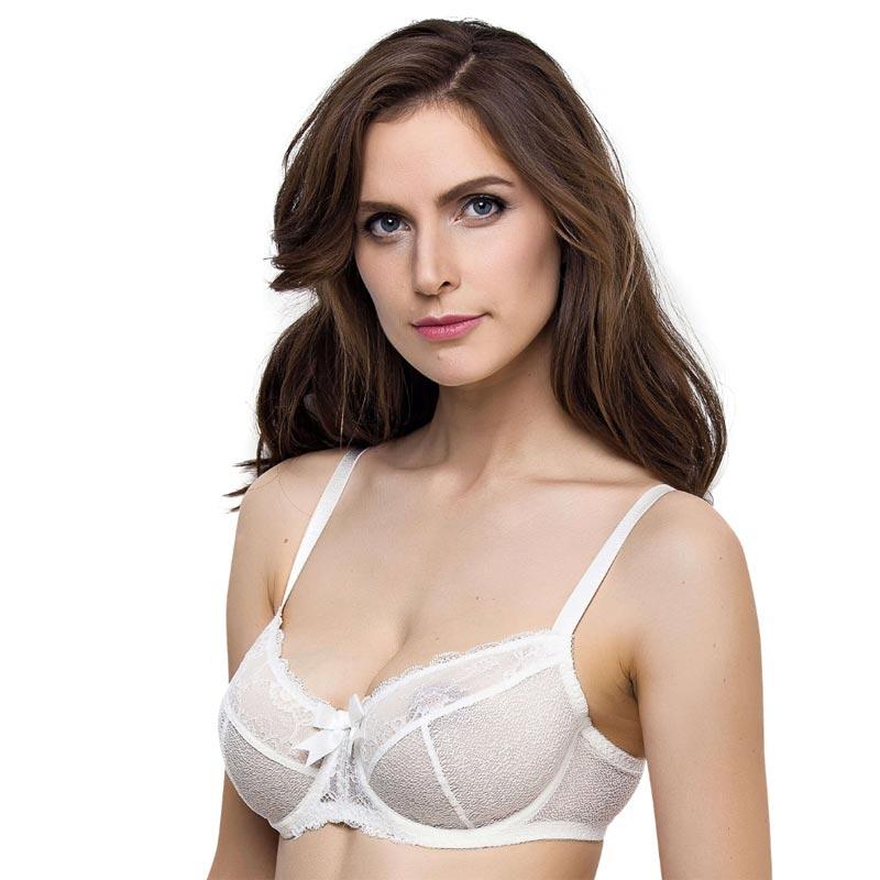 Lauma Sparkling Bridal Full Figure Sheer Lace Bra featuring floral lace pattern, adjustable straps, and a delicate bow between the cups.