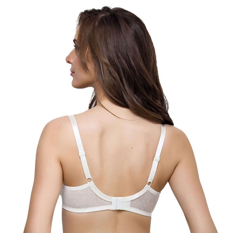 Lauma Sparkling Bridal Full Figure Sheer Lace Bra featuring floral lace pattern, adjustable straps, and a delicate bow between the cups.