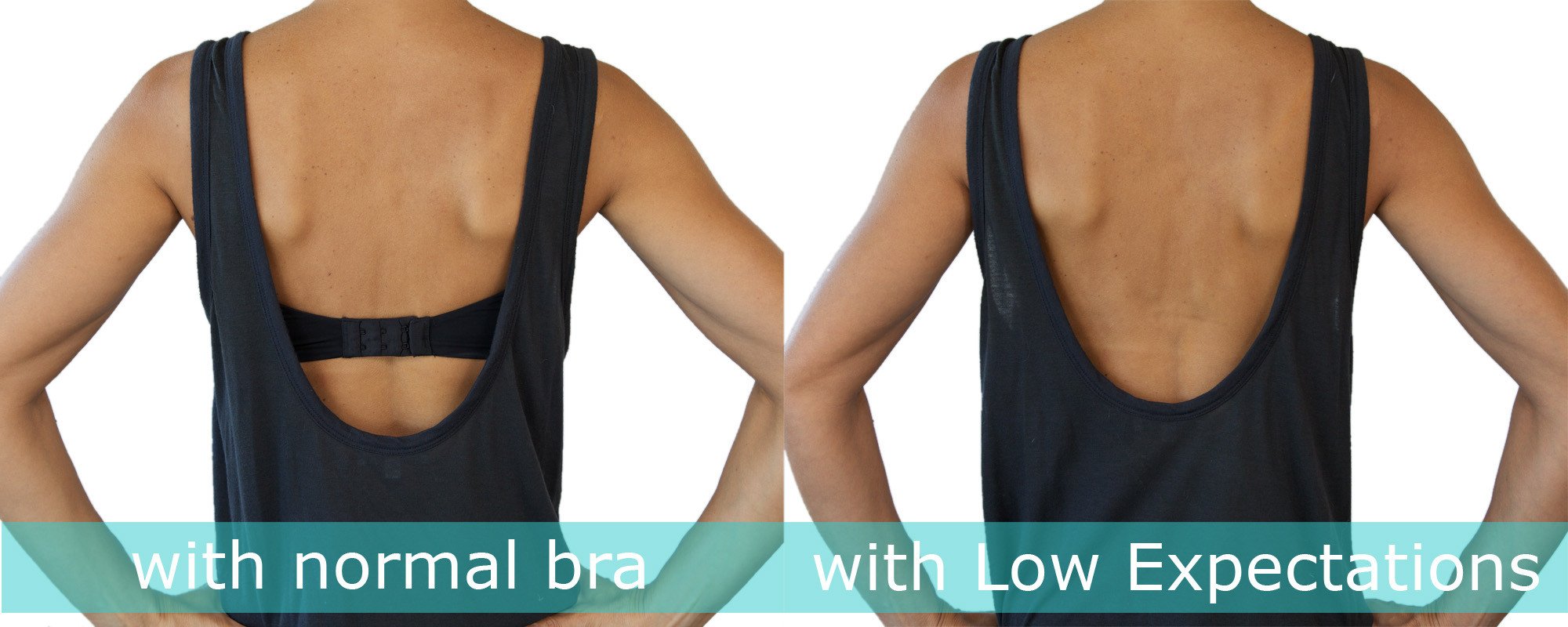 Low Expectations low back bra converters in beige and black, designed to lower bra straps for a seamless look.