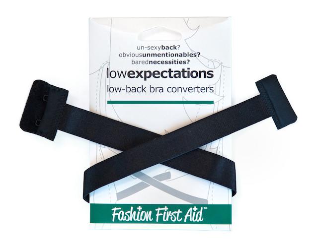 Low Expectations low back bra converters in beige and black, designed to lower bra straps for a seamless look.