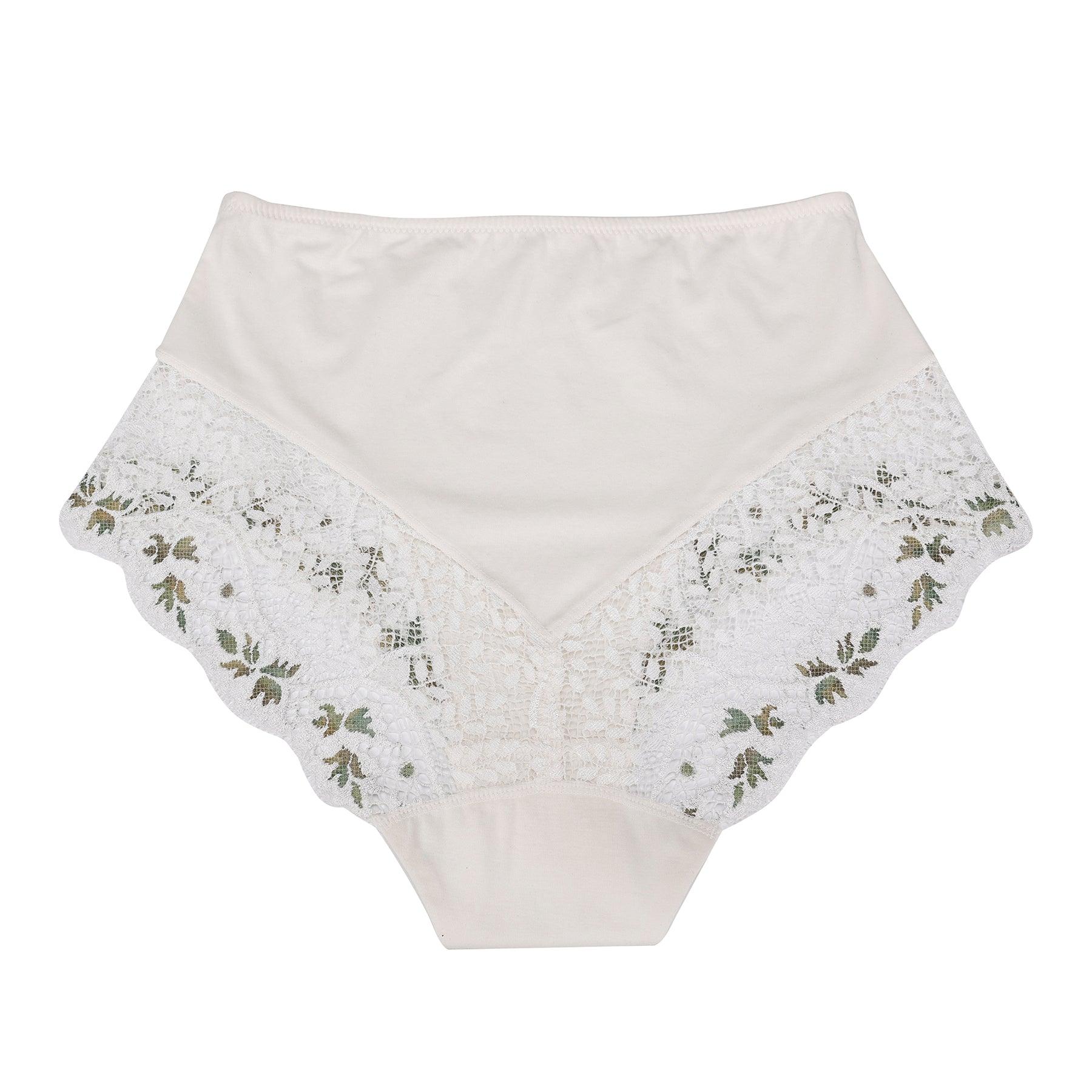 Nova High Waisted Full Brief made from silk and organic cotton, featuring delicate two-tone lace and a luxurious design.