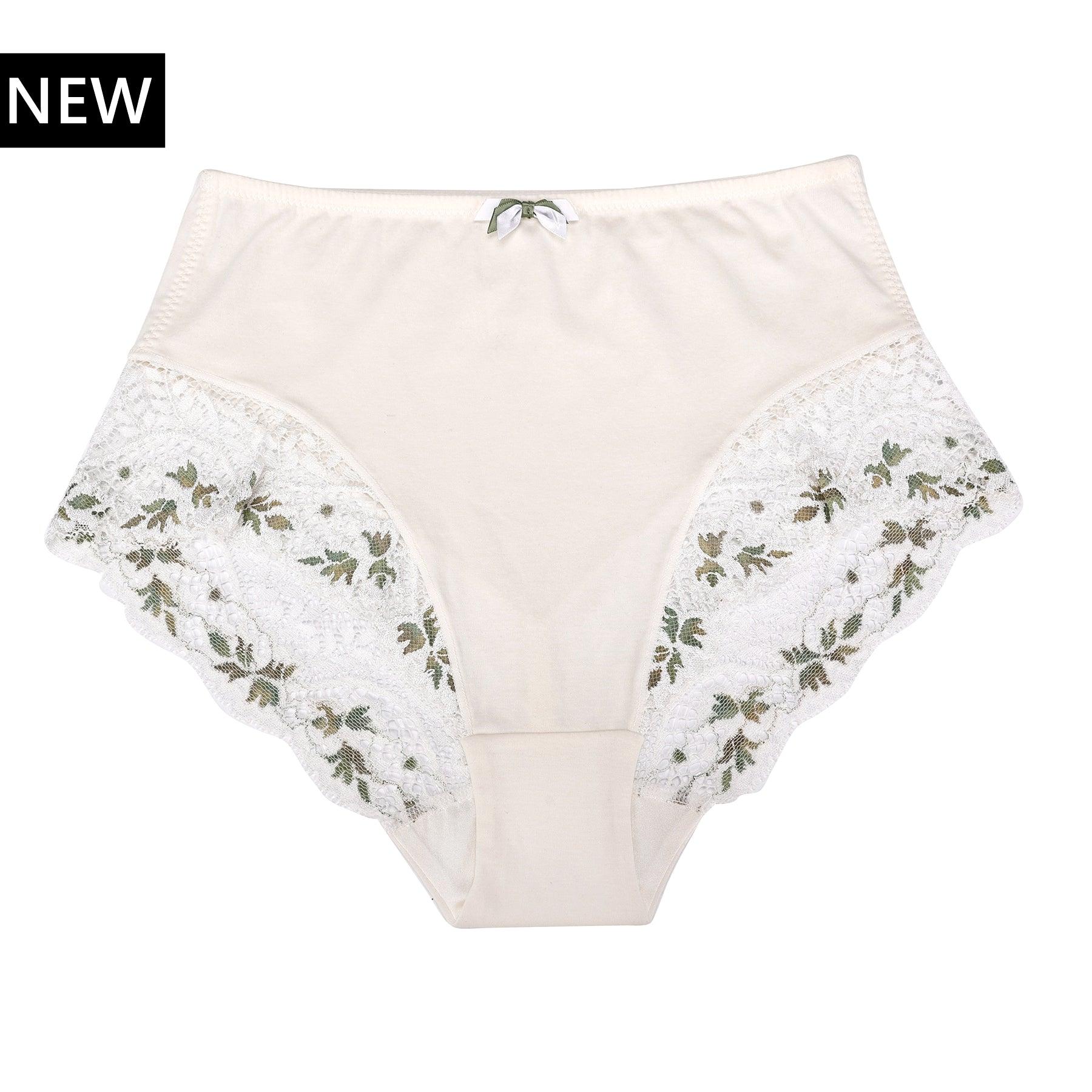 Nova High Waisted Full Brief made from silk and organic cotton, featuring delicate two-tone lace and a luxurious design.