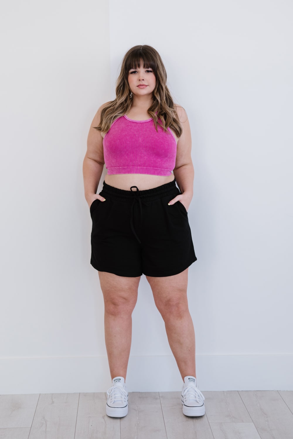 On the Move Ribbed Cropped Cami in mineral wash, showcasing its ribbed texture and round neckline.