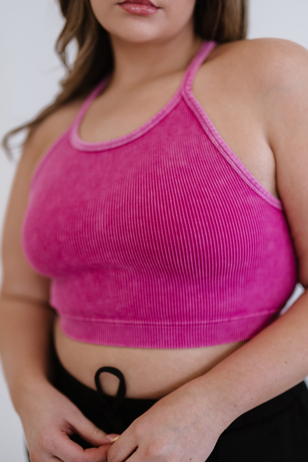 On the Move Ribbed Cropped Cami in mineral wash, showcasing its ribbed texture and round neckline.