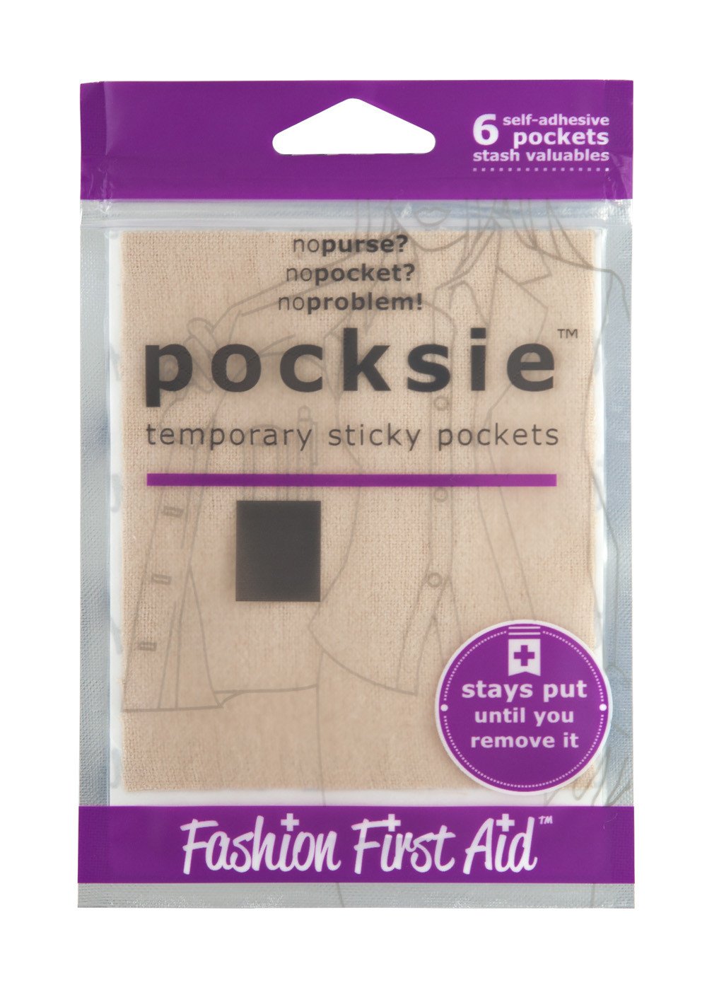 Pocksie temporary sticky pocket in beige, showcasing its adhesive backing and size for secure storage.