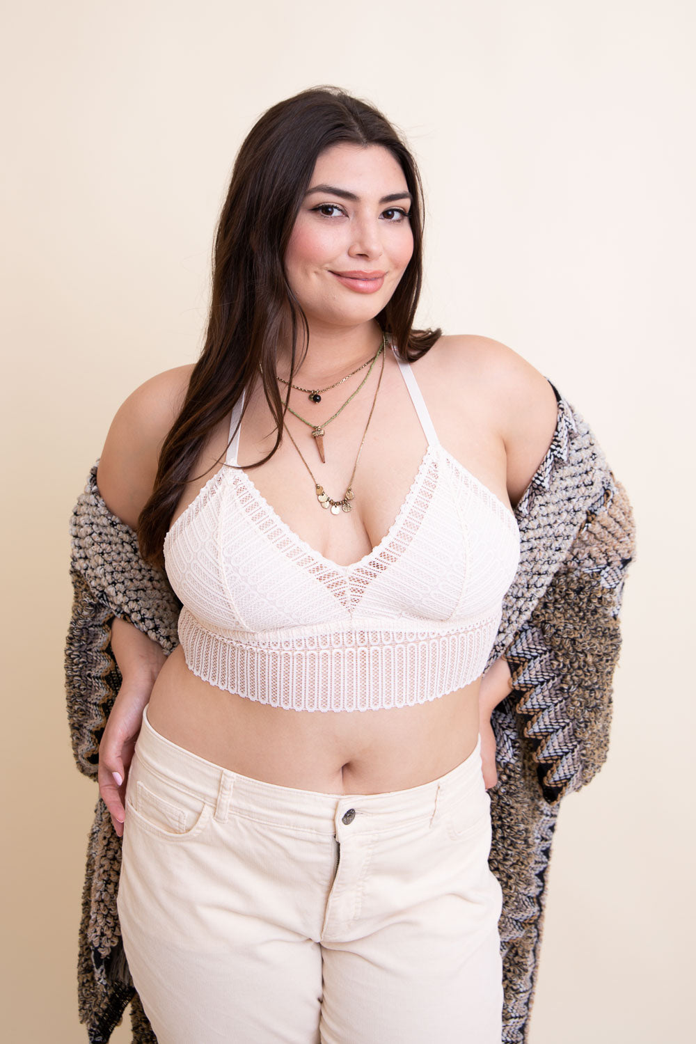 Ribbed Lace Boho Racerback Bralette Plus featuring soft ribbed fabric and delicate lace detailing, perfect for comfort and style.