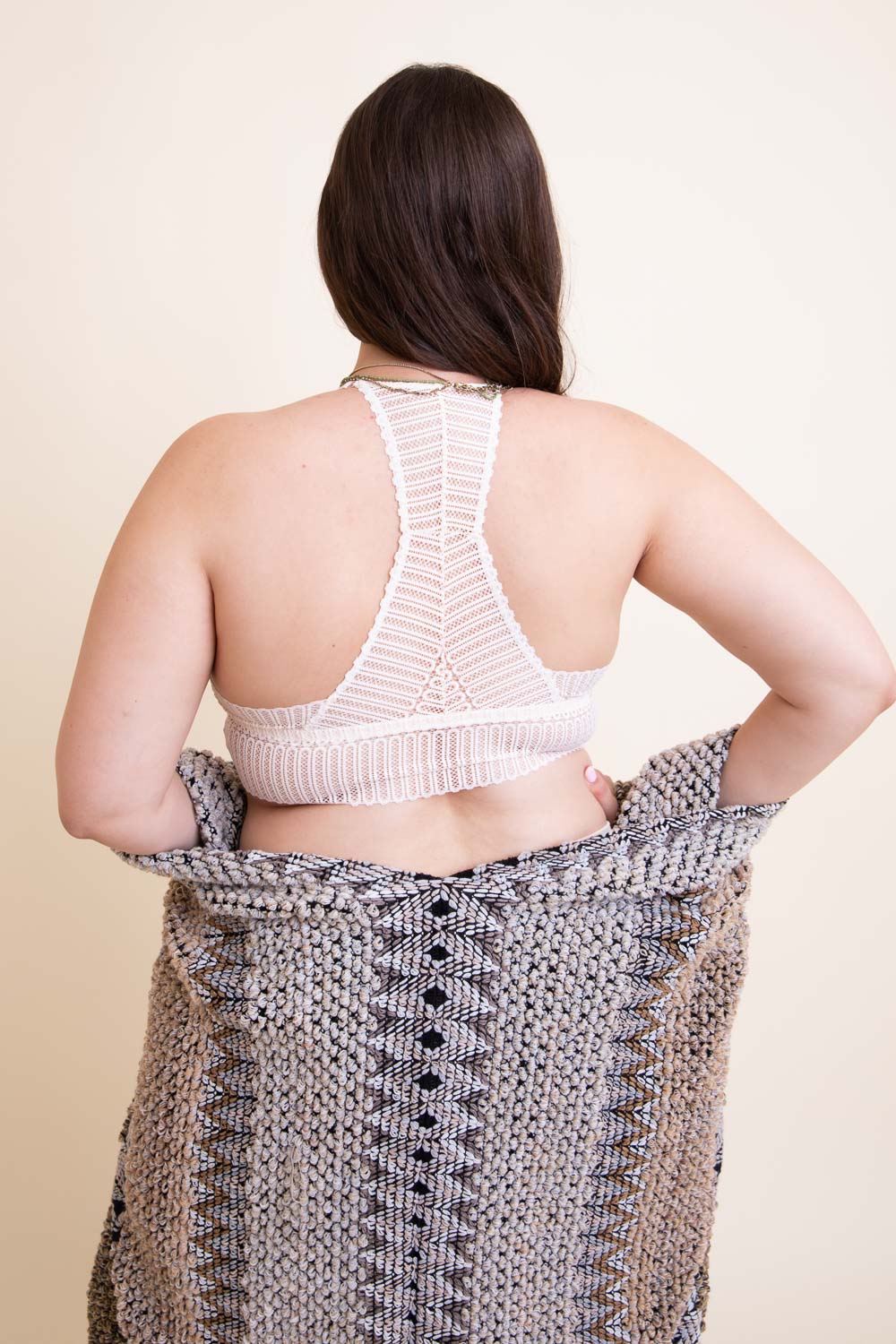 Ribbed Lace Boho Racerback Bralette Plus featuring soft ribbed fabric and delicate lace detailing, perfect for comfort and style.