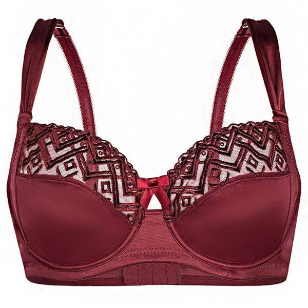 Sassa Bordeaux Semi-Sheer Full Figure Bra featuring elegant embroidery and adjustable straps, designed for extended sizes up to DD/E cups.