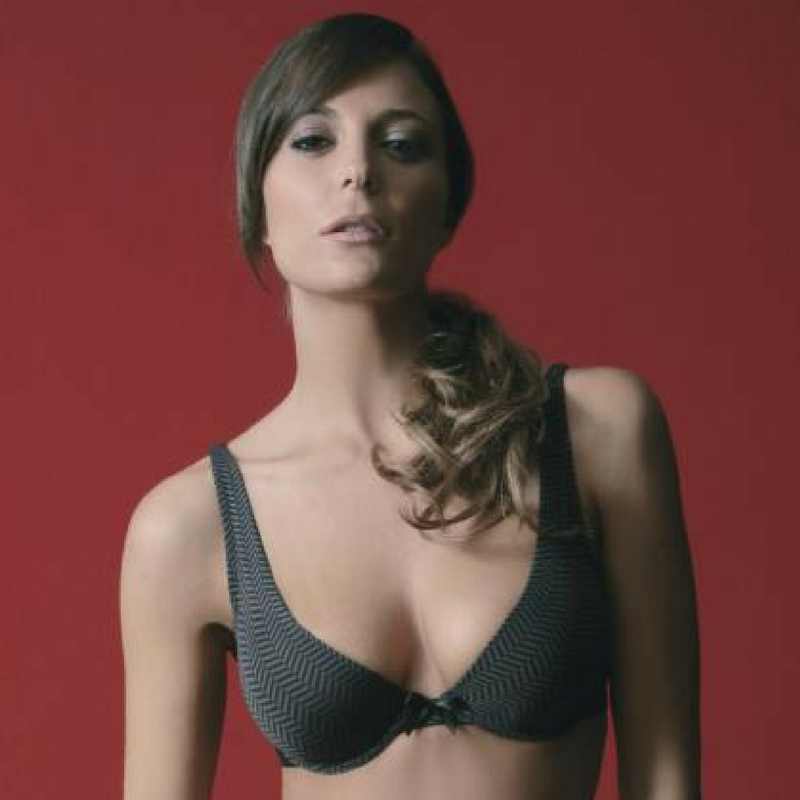 Sassa Dark Soul Deep-V Plunge Push Up Bra in gray and black geometric pattern, featuring molded cups and adjustable straps.