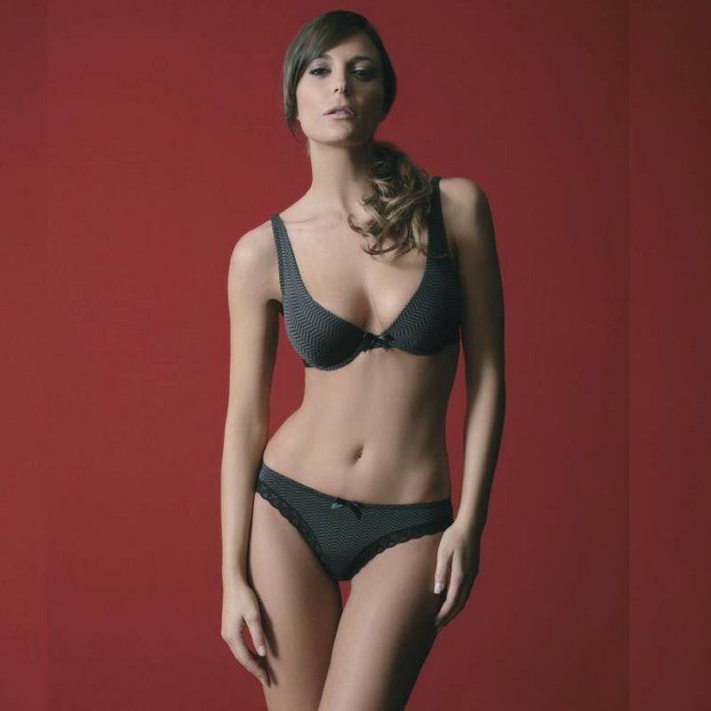 Sassa Dark Soul Deep-V Plunge Push Up Bra in gray and black geometric pattern, featuring molded cups and adjustable straps.