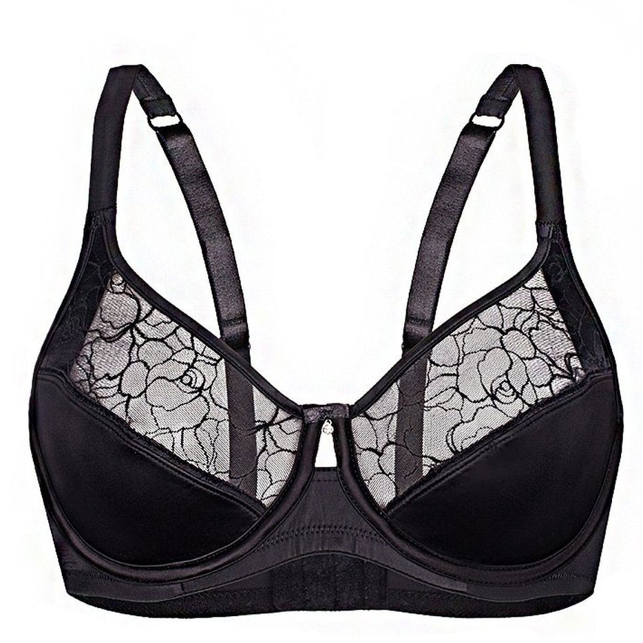 Sassa Marvelous Satin Semi Sheer Bra in black, featuring semi-sheer lace, adjustable straps, and nickel-free underwires for full figure support.