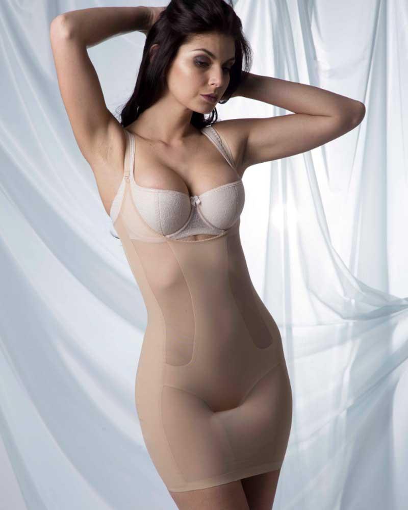 Rosme Seamless Control Slip in black and beige, showcasing its smooth design and open-bust feature for effective body shaping.