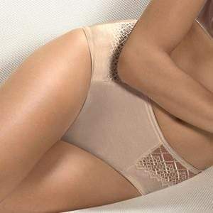 Conturelle Joy Sheer Side Mid Rise Brief Panty featuring luxurious hi-rise design with sheer embroidered tulle side panels, available in nude color.