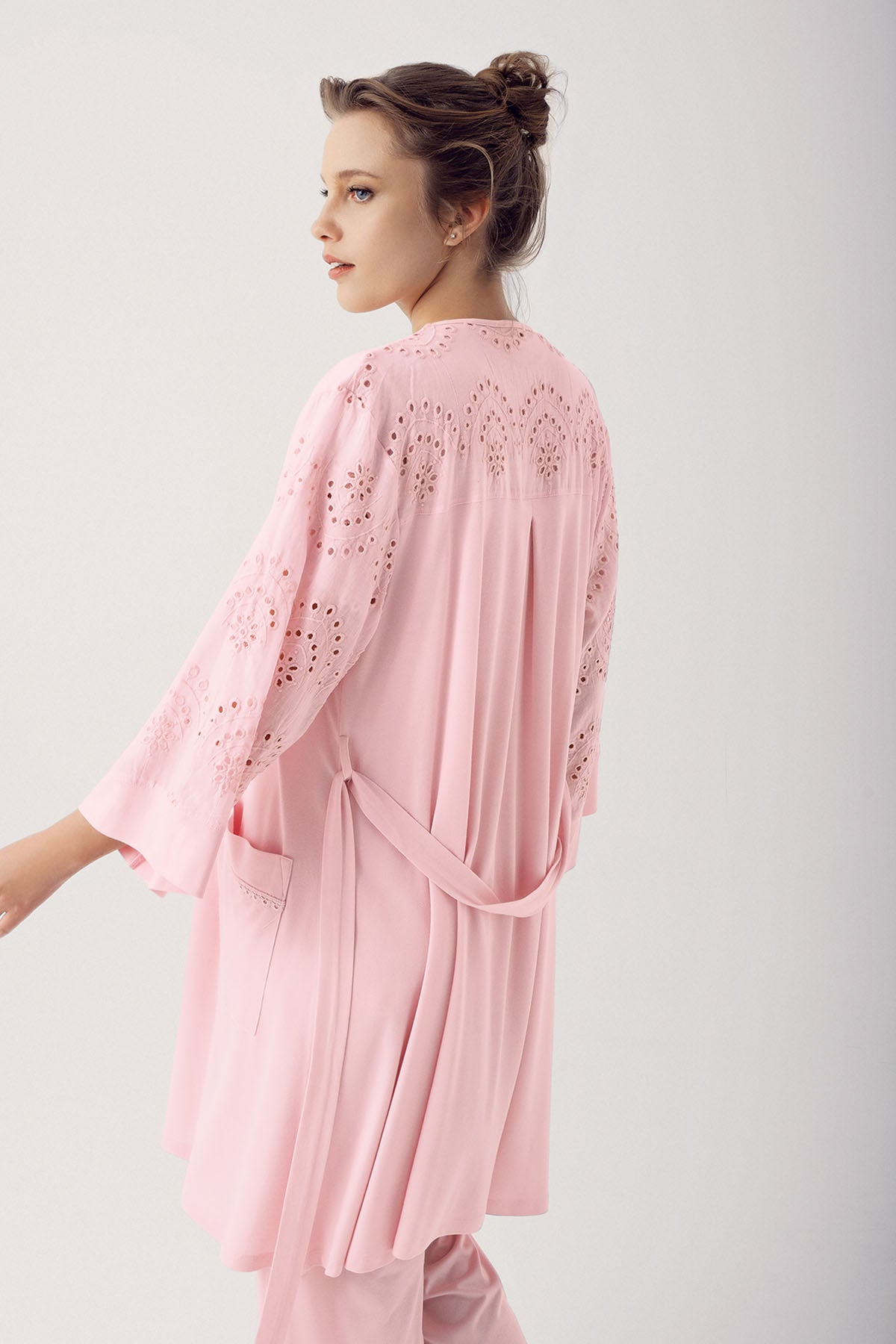 Shopymommy 12305 Motif Embroidered 3-Pieces Maternity & Nursing set featuring a pajama set and robe in soft organic fabric.