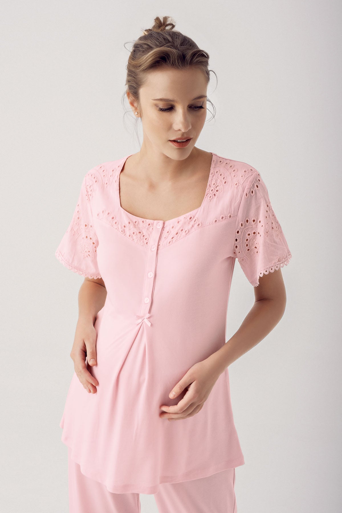 Shopymommy 12305 Motif Embroidered 3-Pieces Maternity & Nursing set featuring a pajama set and robe in soft organic fabric.