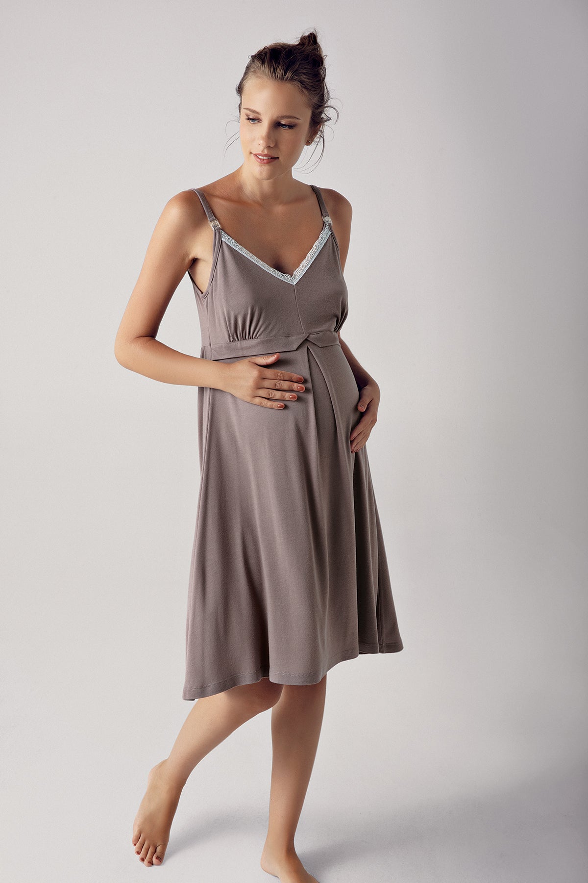 Shopymommy 13127 Strappy Maternity & Nursing Nightgown in Coffee, showcasing its soft fabric and stylish design.