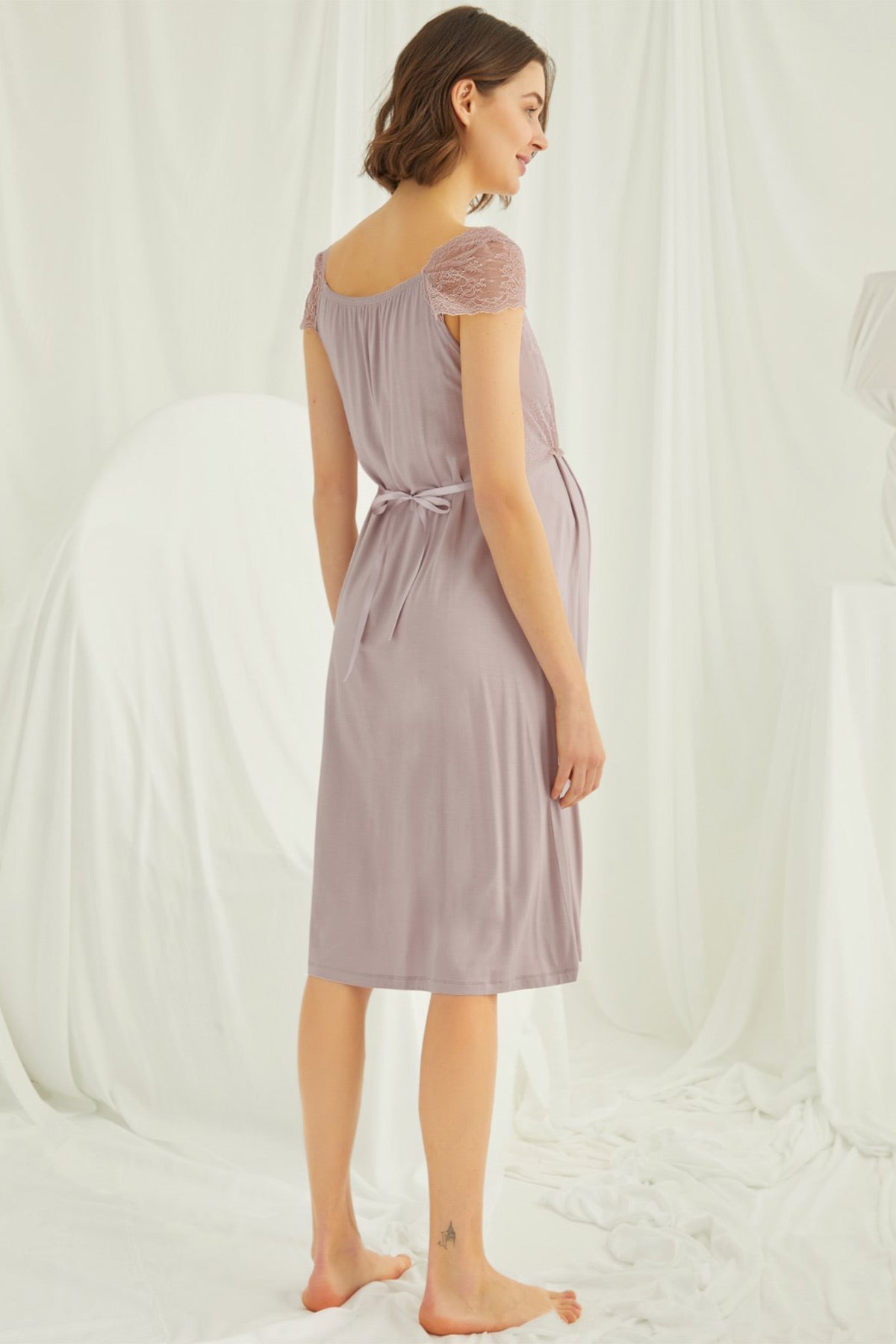 Shopymommy 18439 Lace Maternity & Nursing Nightgown in Coffee, featuring a soft organic fabric and elegant lace detailing for comfort and style.