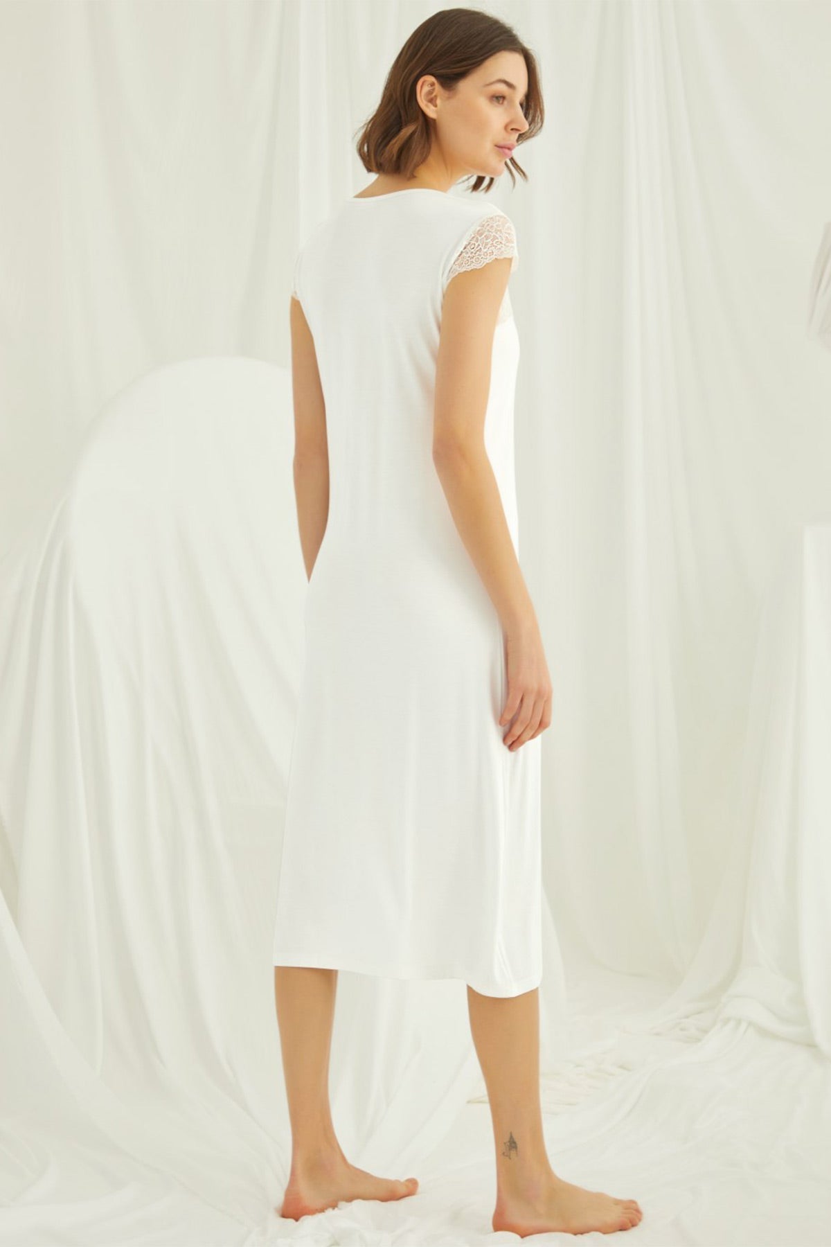 Shopymommy 18455 Lace V-Neck Plus Size Maternity & Nursing Nightgown in soft organic fabric, featuring a stylish lace design and breastfeeding-friendly front opening.