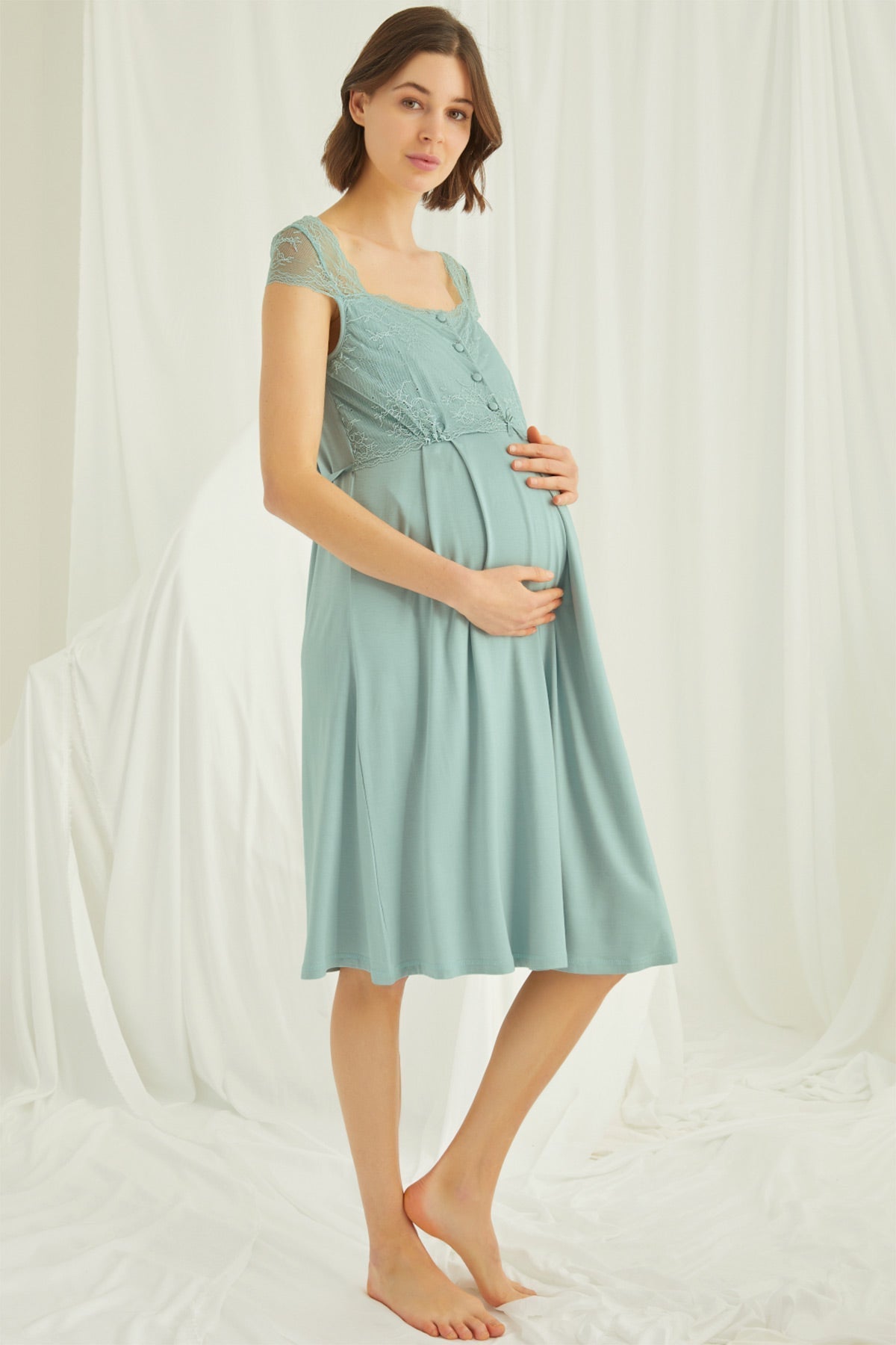 Shopymommy Lace Maternity & Nursing Nightgown with Robe Set, featuring elegant lace design and comfortable organic fabric.