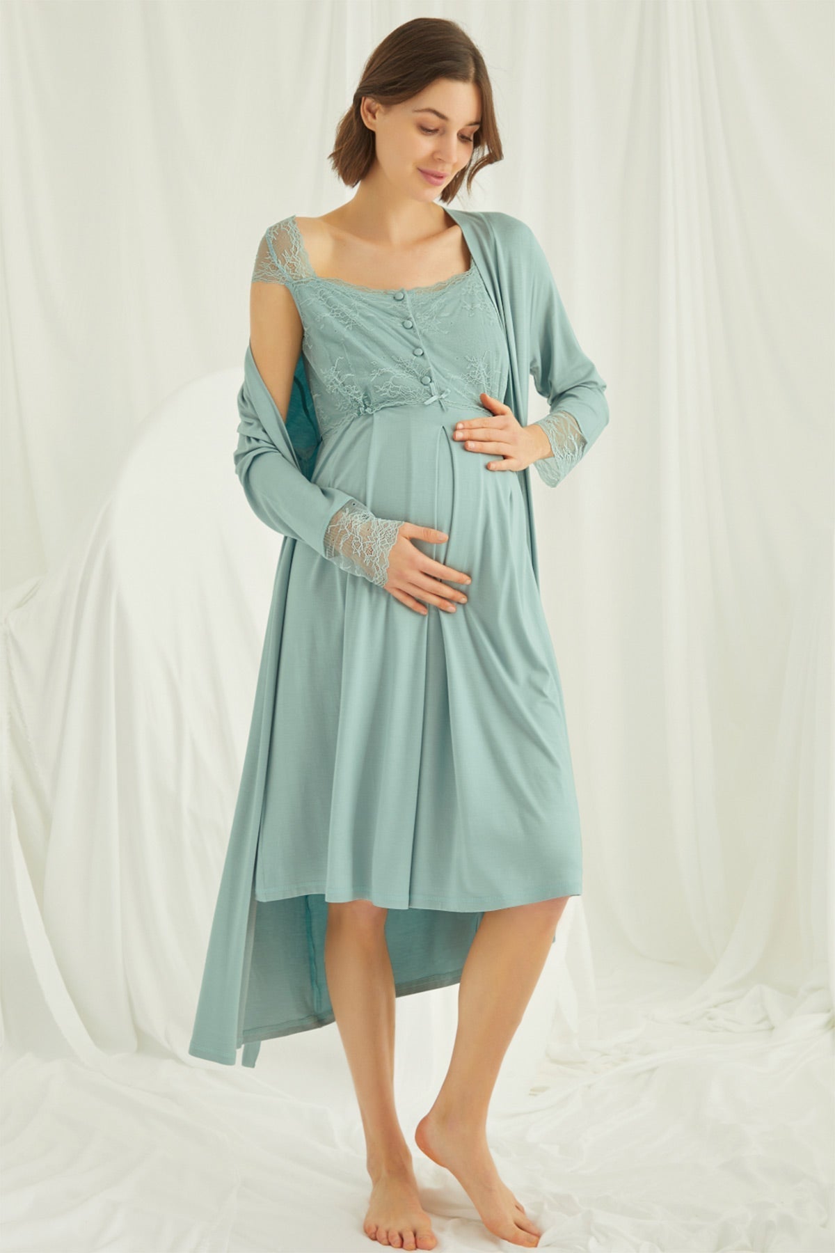Shopymommy Lace Maternity & Nursing Nightgown with Robe Set, featuring elegant lace design and comfortable organic fabric.