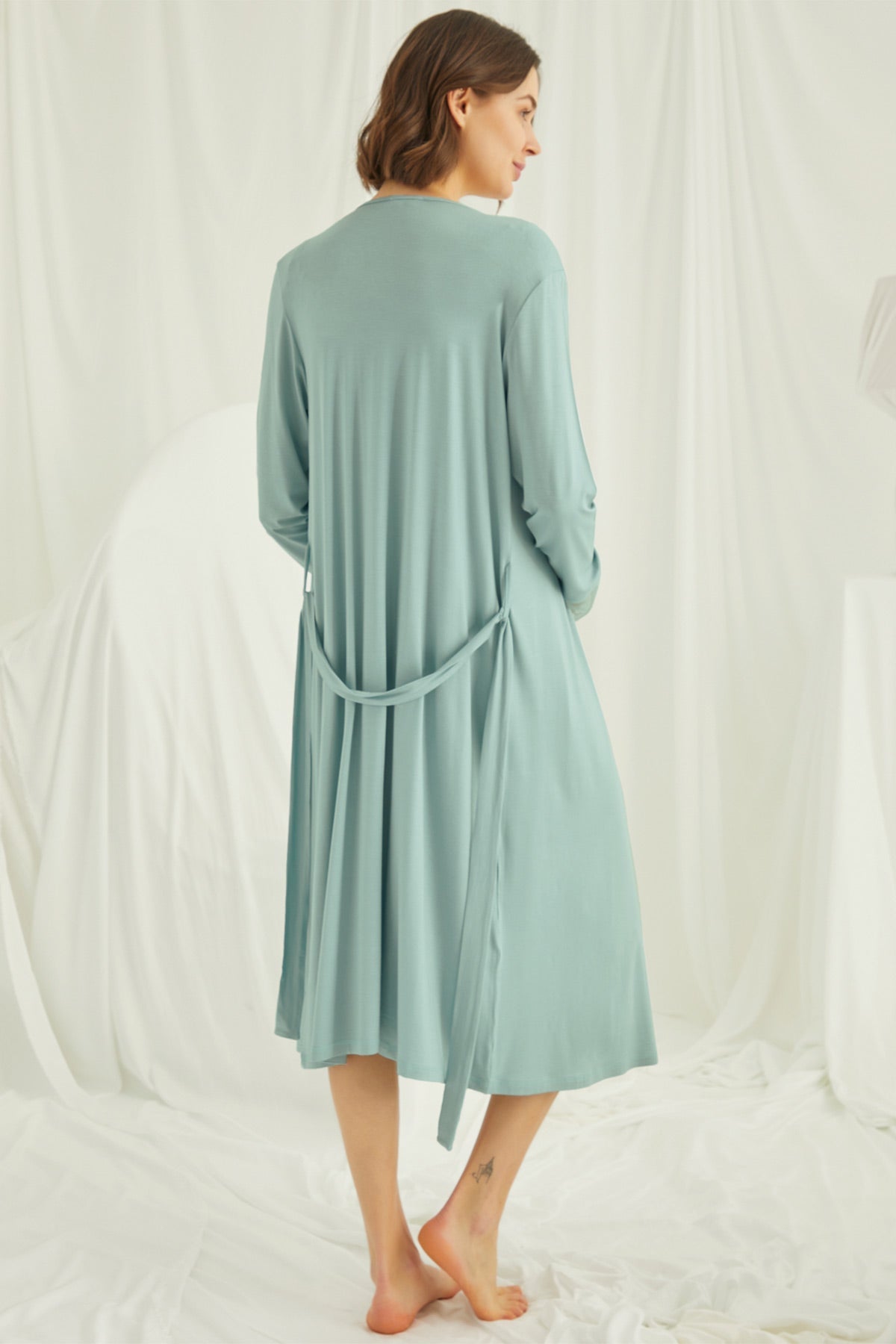 Shopymommy Lace Maternity & Nursing Nightgown with Robe Set, featuring elegant lace design and comfortable organic fabric.