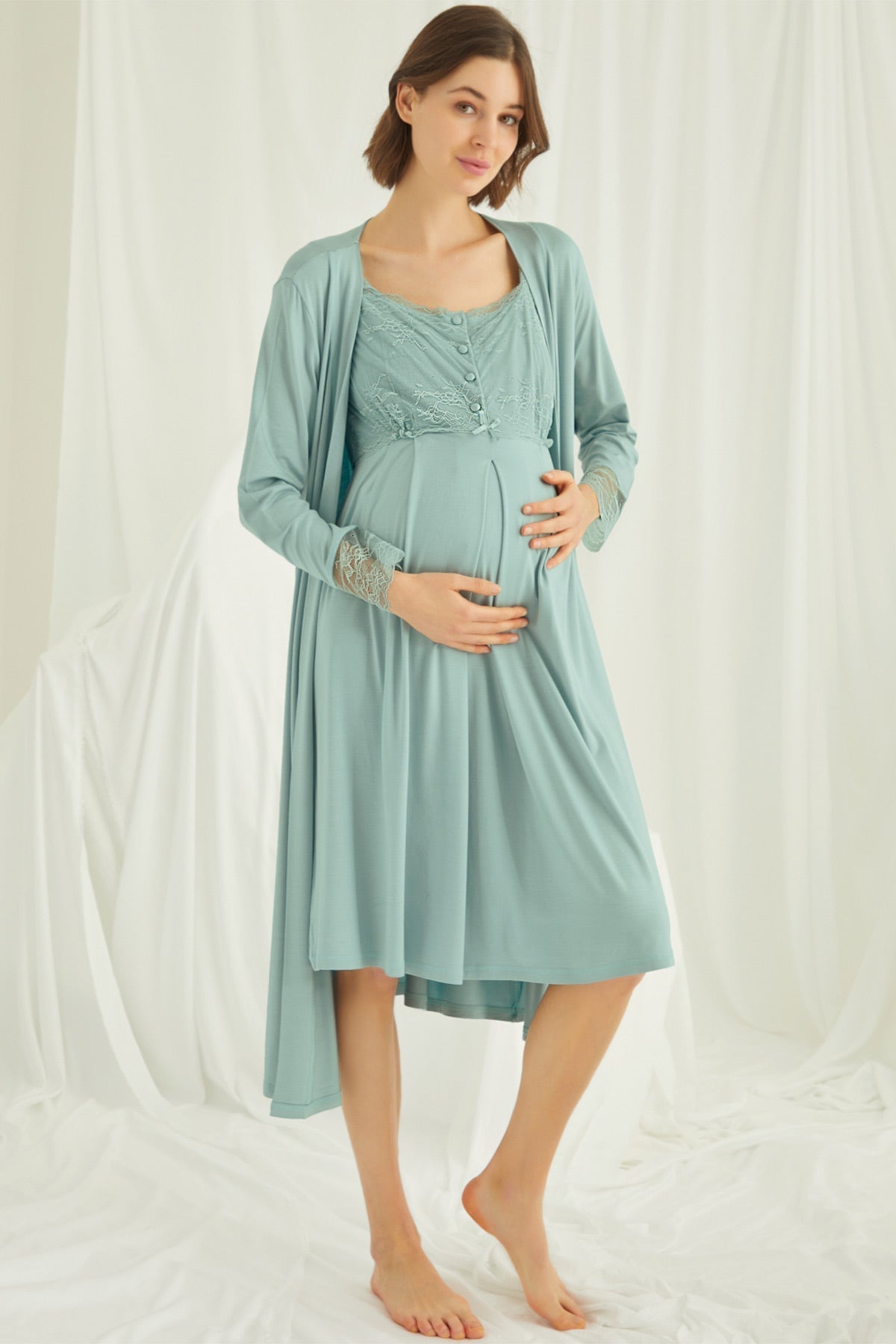 Shopymommy Lace Maternity & Nursing Nightgown with Robe Set, featuring elegant lace design and comfortable organic fabric.