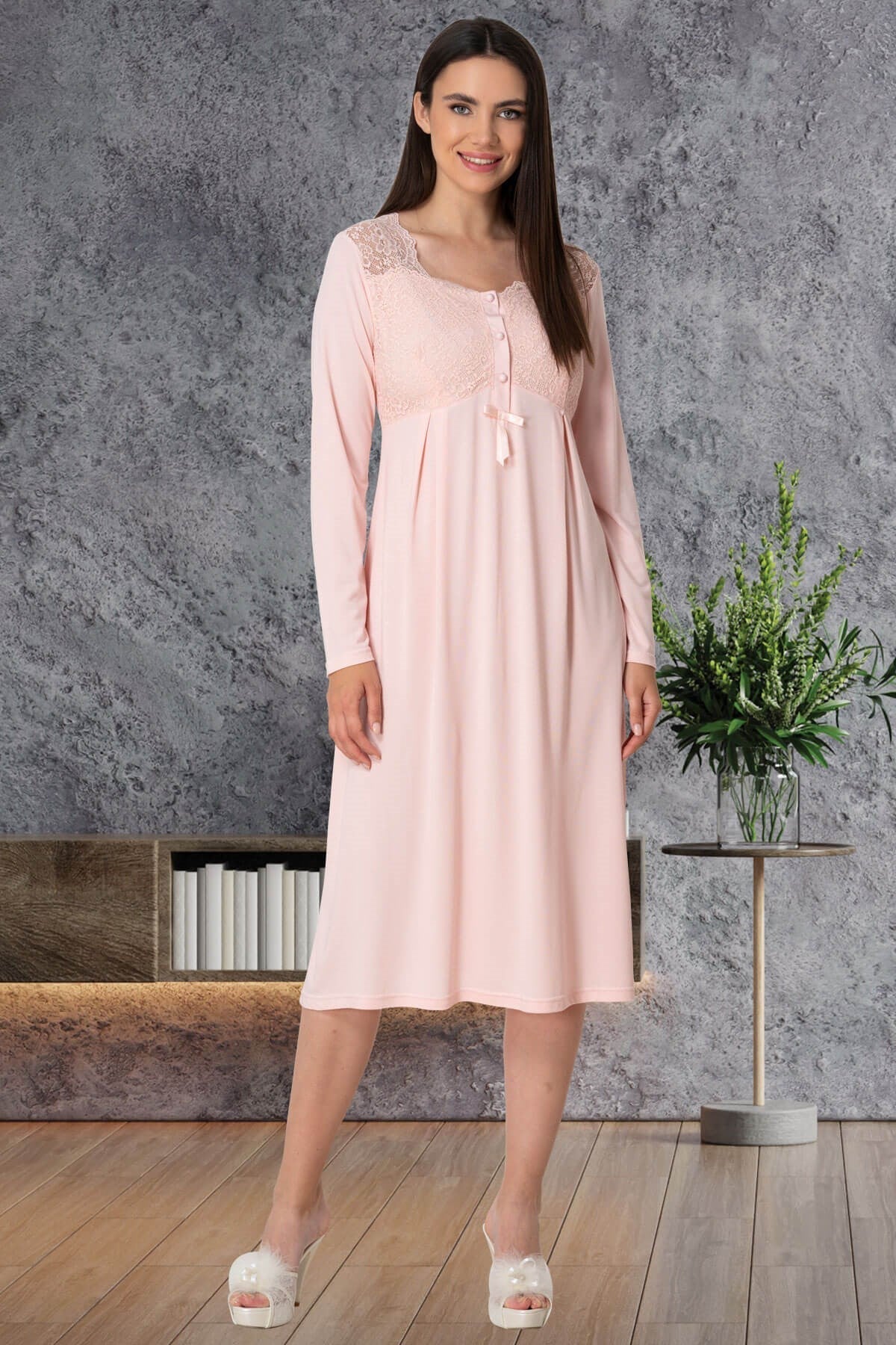 Shopymommy 5525 Lace Maternity & Nursing Nightgown in soft organic fabric, featuring elegant lace detailing and a front opening for easy breastfeeding.