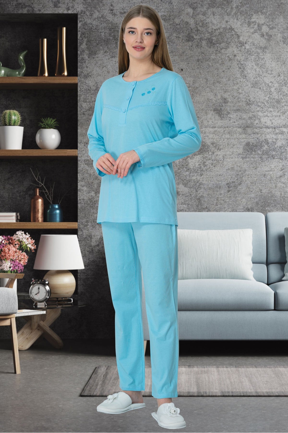 Shopymommy 5637 Cotton Plus Size Maternity & Nursing Pajamas in Blue, featuring a comfortable design for pregnancy and breastfeeding.