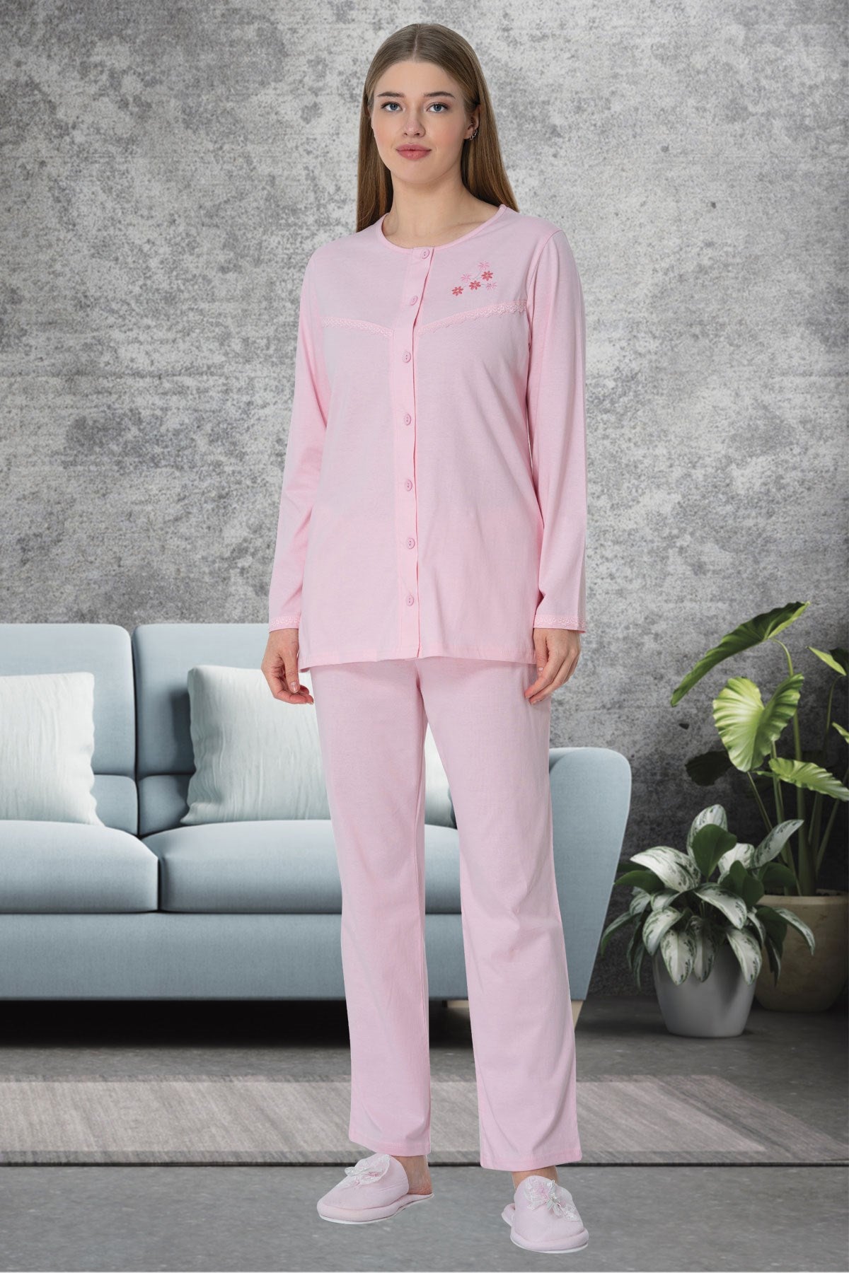 Shopymommy 5638 Plus Size Maternity Pajamas in pink with a stylish pattern, designed for comfort and easy breastfeeding.