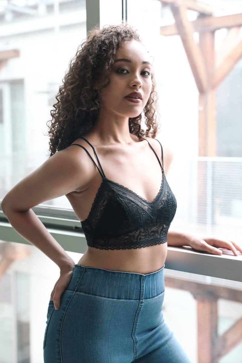 Strappy Back Geometric Lace Bralette featuring a chic geometric print and longline banding for comfort.