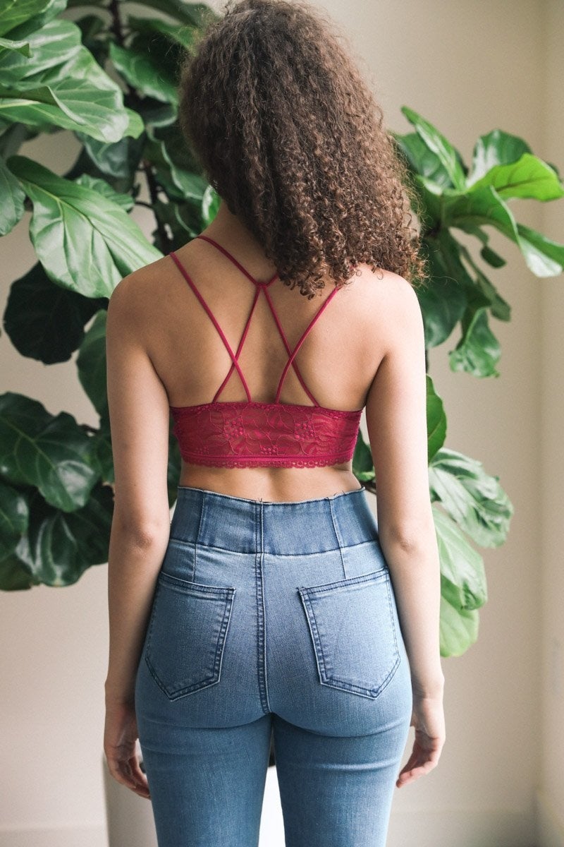 Strappy Back Geometric Lace Bralette featuring a chic geometric print and longline banding for comfort.