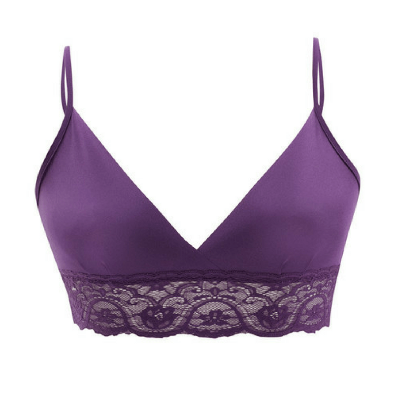 Wireless Triangle Bralette by Commando in Plum Purple with soft triangle cups and stretch lace band.