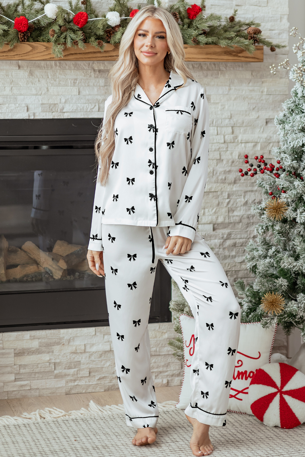 Main Bow Tie Long Sleeve Top and Pants Pajama Set image
