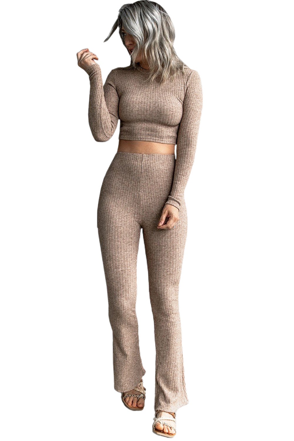 A stylish ribbed crop top and high-rise pants set in brown, showcasing a long-sleeved crop top and flattering pants, perfect for casual outings.