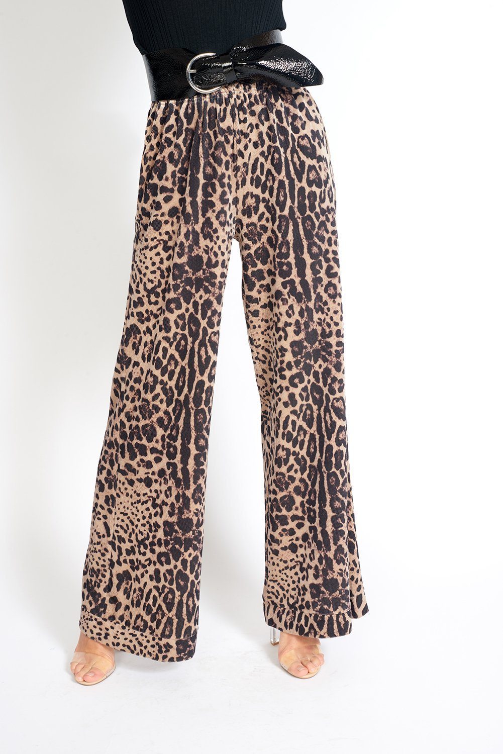 Bianca Velvet Pants in Leopard Print showcasing a flowing flair cut and smocked elastic waistband, perfect for stylish outfits.