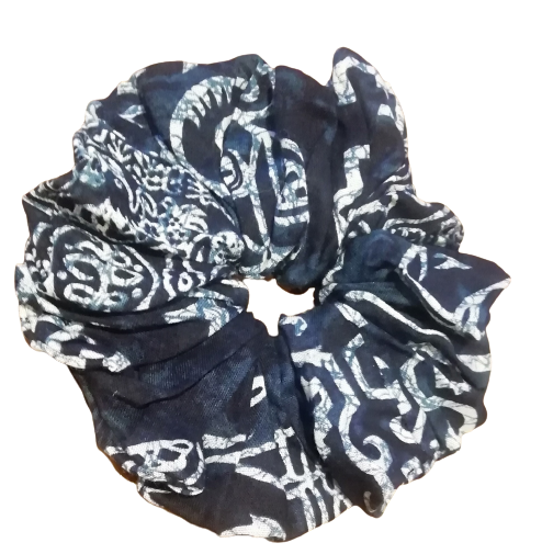 Black hair scrunchie featuring a unique Amboseli elephant print, made from eco-friendly Rayon fabric.