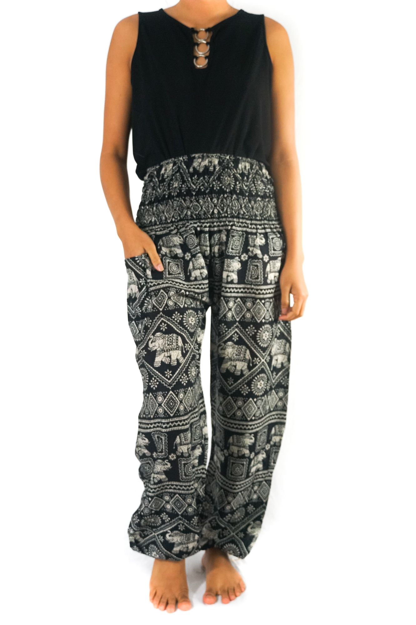 Black Elephant Boho Pants for women, made from 100% rayon, featuring an elastic waist and ankle, one side pocket, and a flowy design for comfort.