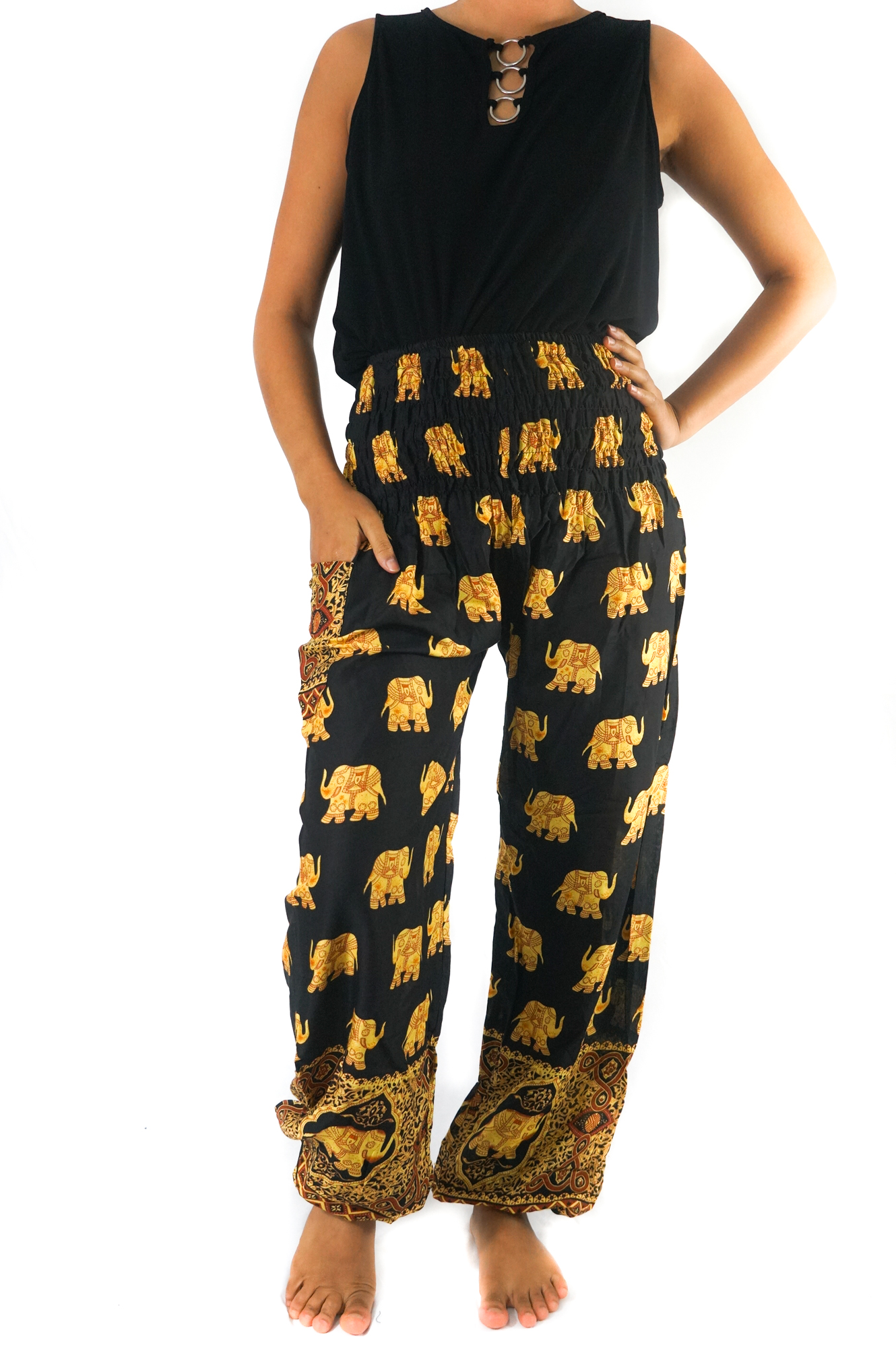 Black Elephant Boho Pants for women, featuring a loose fit, elastic waist, and vibrant patterns, perfect for yoga and casual wear.